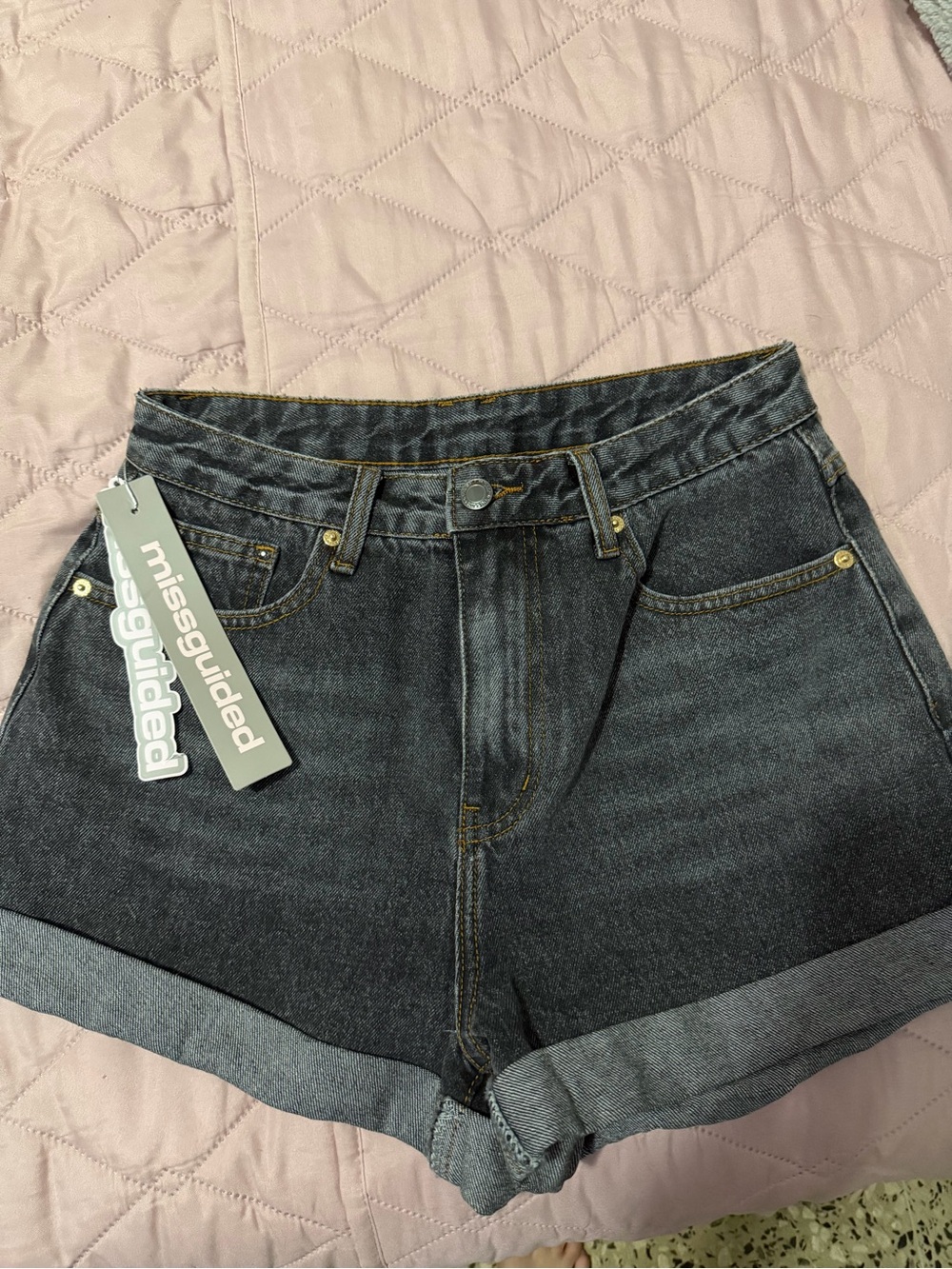 Missguided Dark Blue High-Rise Rolled Hem Denim Shorts